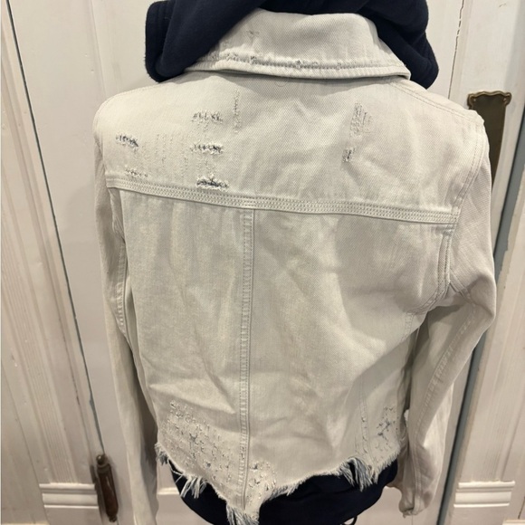 Free People Double Weave Distressed Denim Jacket Fleece Layer With Hood Sz S - Picture 7 of 15